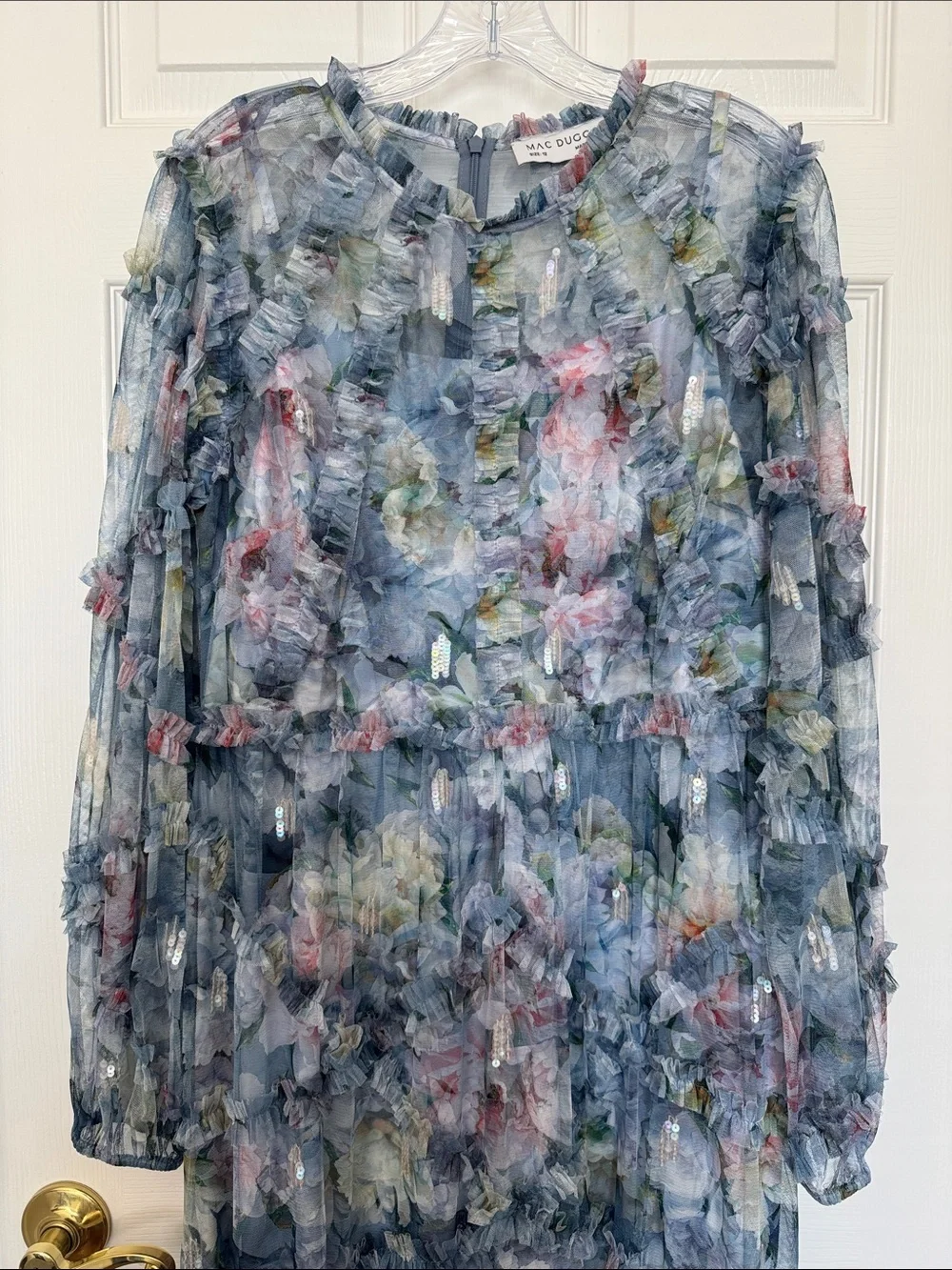 Mac Duggal 8098 Blue Floral Long Sleeve High Neck Ruffle Maxi Dress Size 12 NWOT